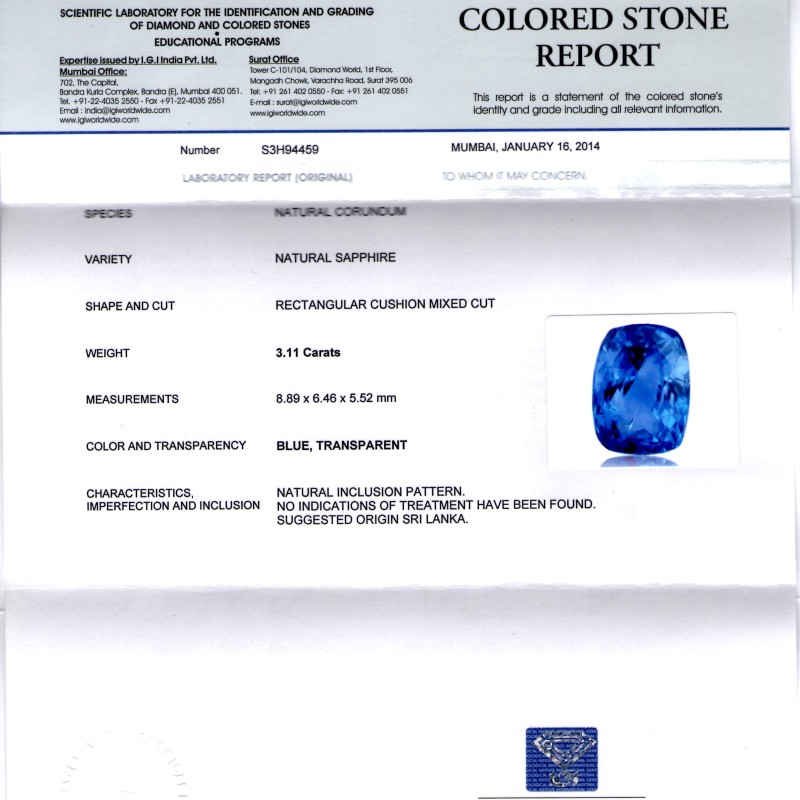 3.11 Ct IGI Certified Unheated Untreated Natural Ceylon Blue Sapphire 3.11 Ct IGI Certified Unheated Untreated Natural Ceylon Blue Sapphire