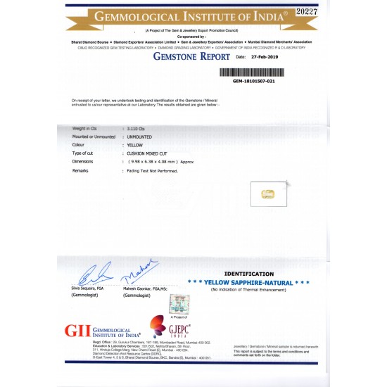 3.11 Ct GII Certified Unheated Untreated Natural Ceylon Yellow Sapphire