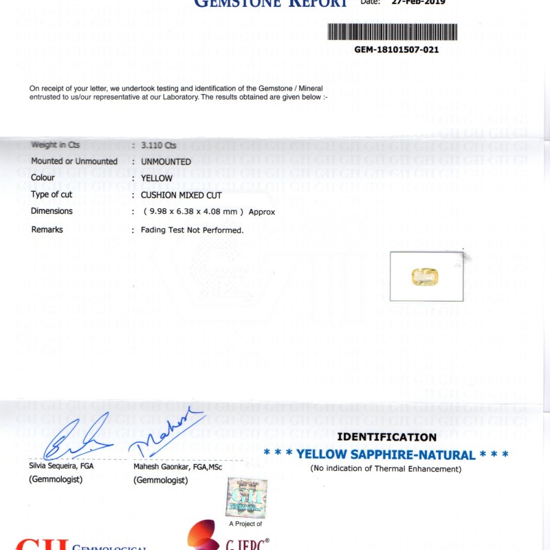 3.11 Ct GII Certified Unheated Untreated Natural Ceylon Yellow Sapphire