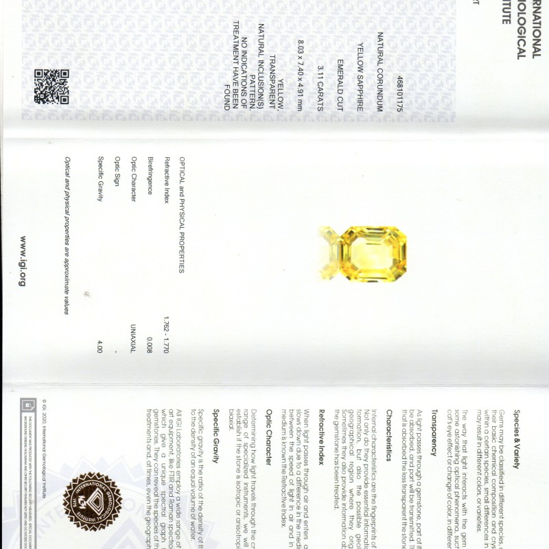 3.11 Ct IGI Certified Unheated Untreated Natural Ceylon Yellow Sapphire AAAAA