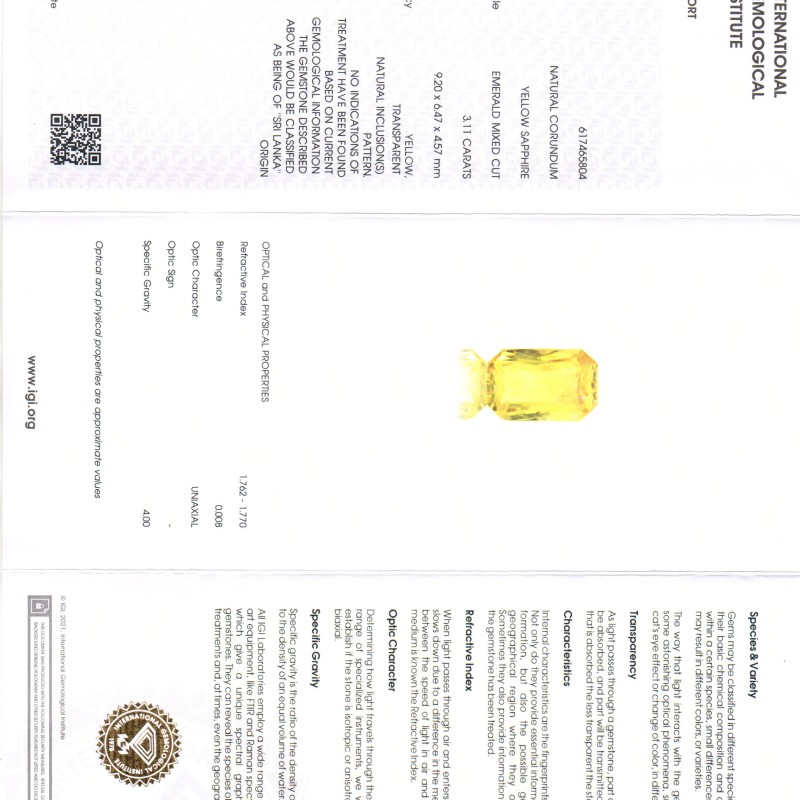 3.11 Ct IGI Certified Unheated Untreated Natural Ceylon Yellow Sapphire AAAAA