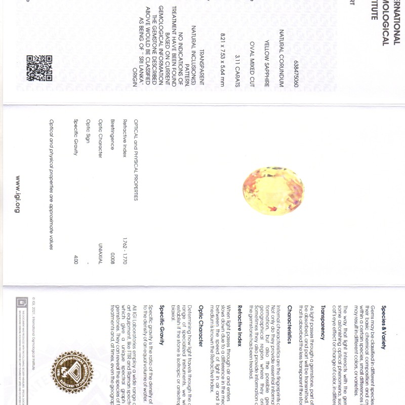 3.11 Ct IGI Certified Unheated Untreated Natural Ceylon Yellow Sapphire AAA 3.11 Ct IGI Certified Unheated Untreated Natural Ceylon Yellow Sapphire AAA