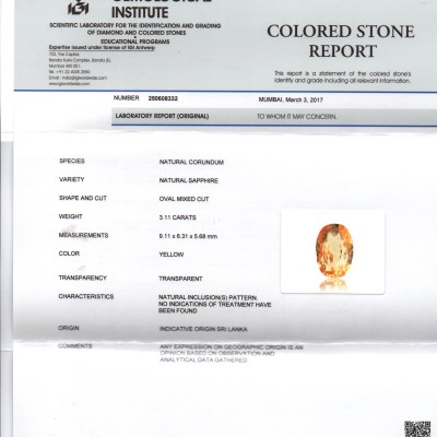 3.11 Ct IGI Certified Unheated Untreated Natural Ceylon Yellow Sapphire 3.11 Ct IGI Certified Unheated Untreated Natural Ceylon Yellow Sapphire