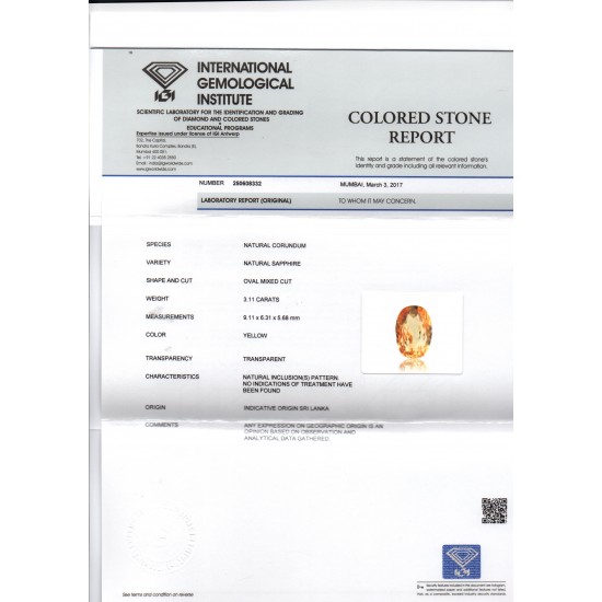 3.11 Ct IGI Certified Unheated Untreated Natural Ceylon Yellow Sapphire