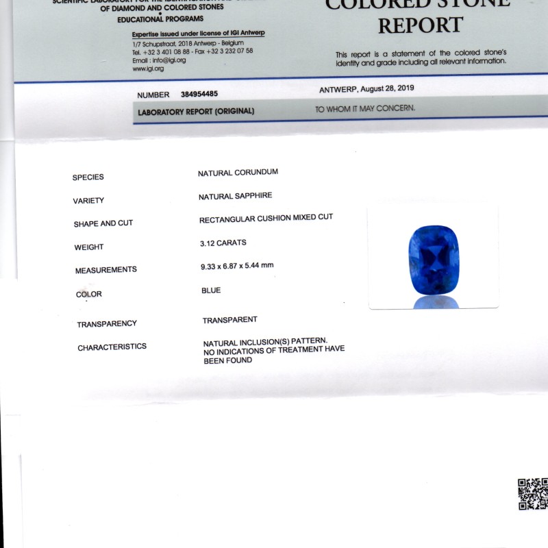 3.12 Ct IGI Certified Unheated Untreated Natural Ceylon Blue Sapphire AAA