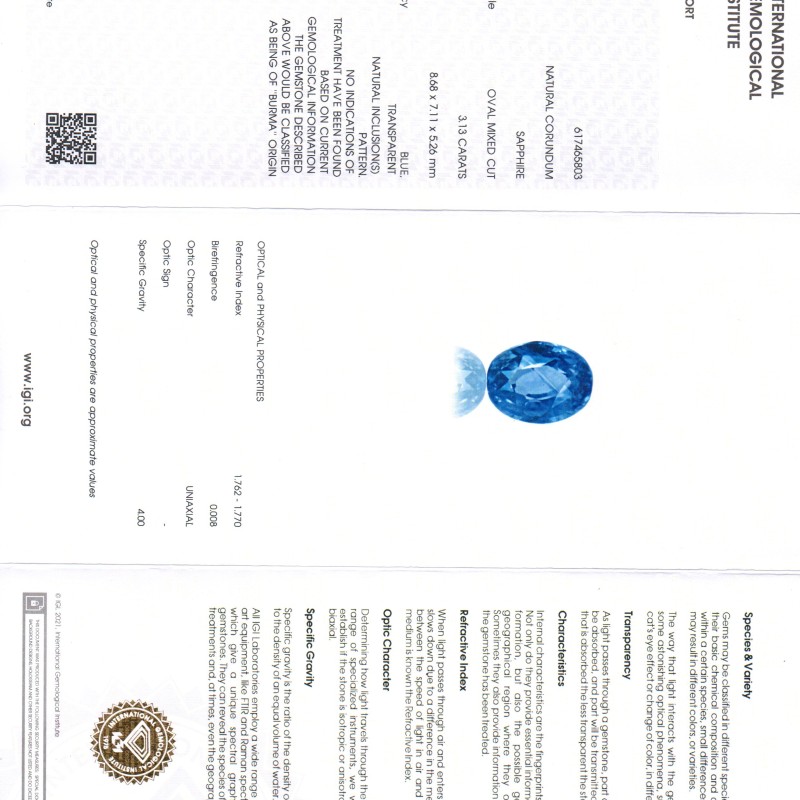 3.13 Ct IGI Certified Unheated Untreated Natural Burma Blue Sapphire 3.13 Ct IGI Certified Unheated Untreated Natural Burma Blue Sapphire
