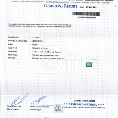3.13 Ct GII Certified Untreated Natural Zambian Emerald Gemstones