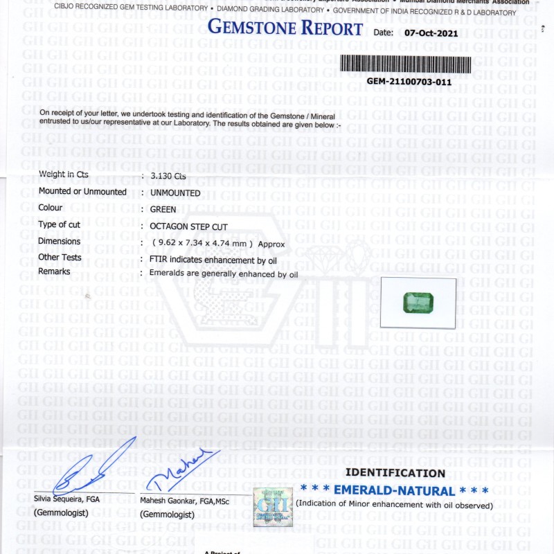 3.13 Ct GII Certified Untreated Natural Zambian Emerald Gemstones