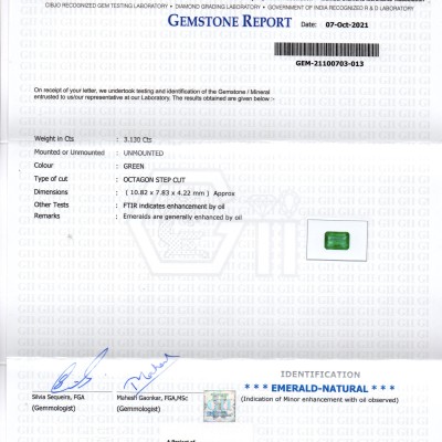 3.13 Ct GII Certified Untreated Natural Zambian Emerald Gemstones