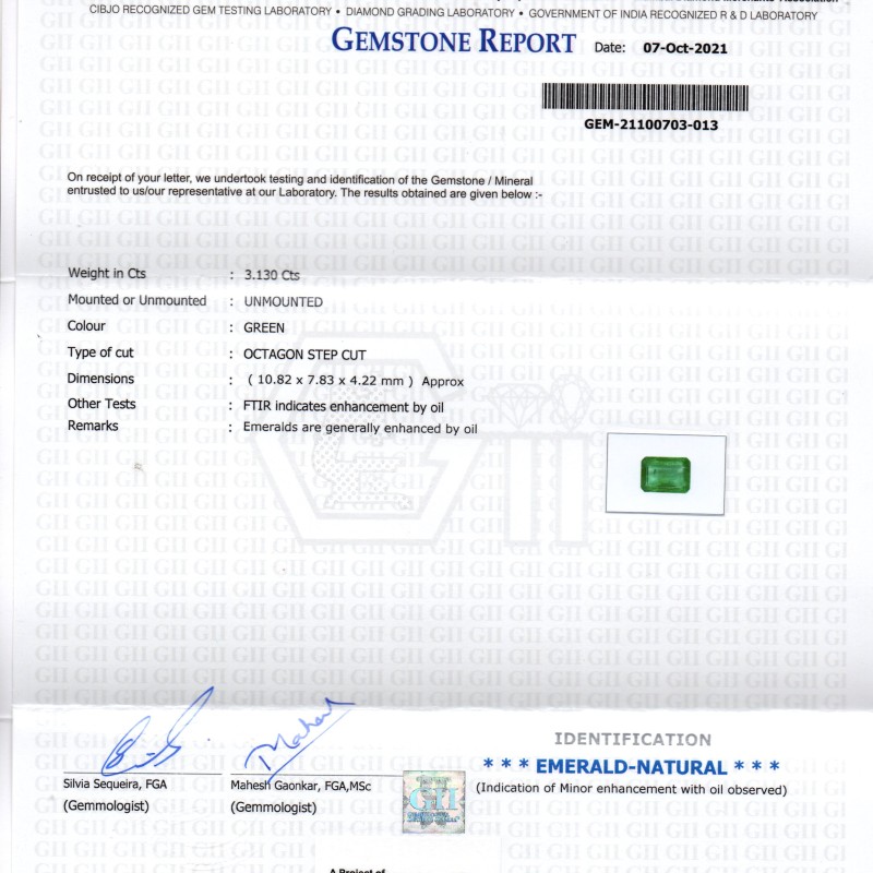 3.13 Ct GII Certified Untreated Natural Zambian Emerald Gemstones