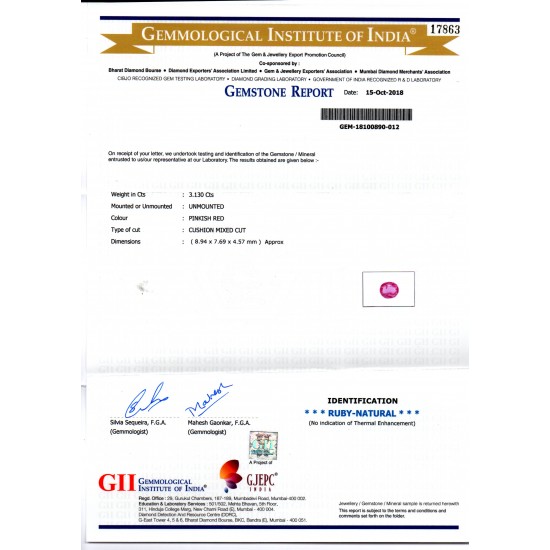 3.13 Ct GII Certified Unheated Untreated Natural Madagaskar Ruby Gems
