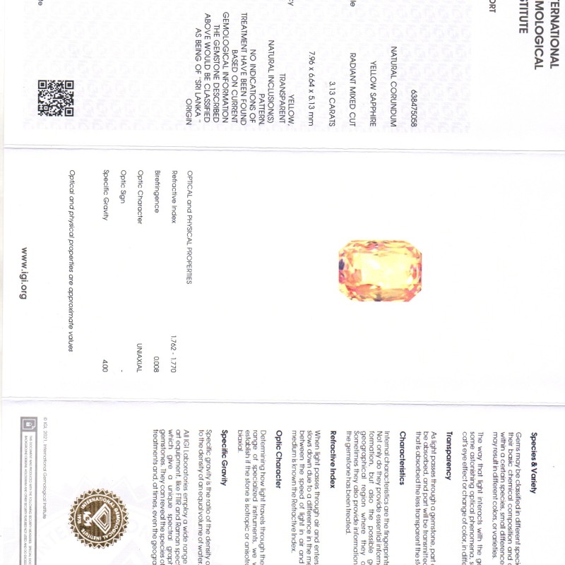 3.13 Ct IGI Certified Unheated Untreated Natural Ceylon Yellow Sapphire AAAA