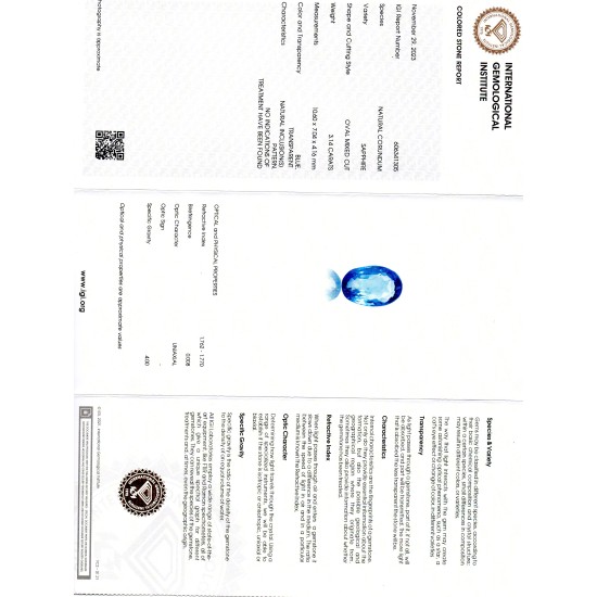 3.14 Ct IGI Certified Unheated Untreated Natural Ceylon Blue Sapphire AA