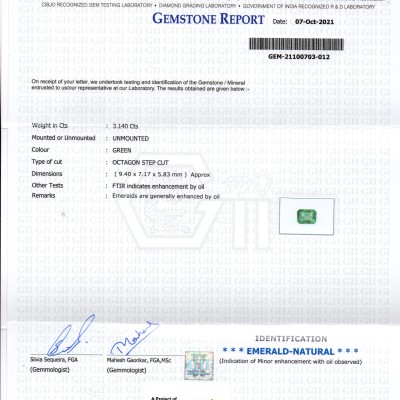 3.14 Ct GII Certified Untreated Natural Zambian Emerald Gemstones