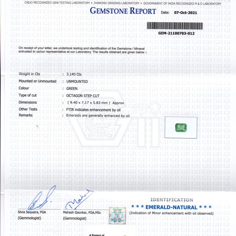 3.14 Ct GII Certified Untreated Natural Zambian Emerald Gemstones
