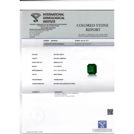 3.14 Ct Untreated Top Colour Premium Natural Zambian Emerald AAA
