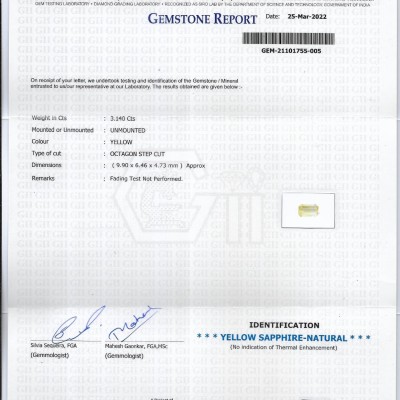 3.14 Ct GII Certified Unheated Untreated Natural Ceylon Yellow Sapphire AAAA 3.14 Ct GII Certified Unheated Untreated Natural Ceylon Yellow Sapphire AAAA