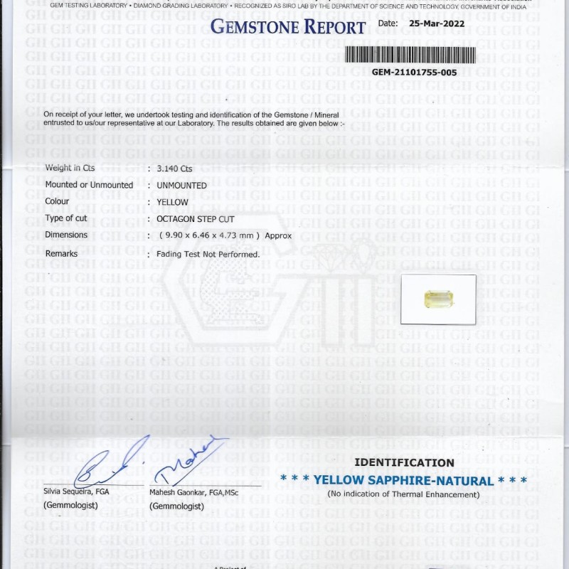 3.14 Ct GII Certified Unheated Untreated Natural Ceylon Yellow Sapphire AAAA 3.14 Ct GII Certified Unheated Untreated Natural Ceylon Yellow Sapphire AAAA
