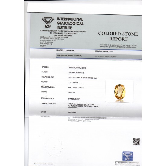 3.14 Ct IGI Certified Unheated Untreated Natural Ceylon Yellow Sapphire