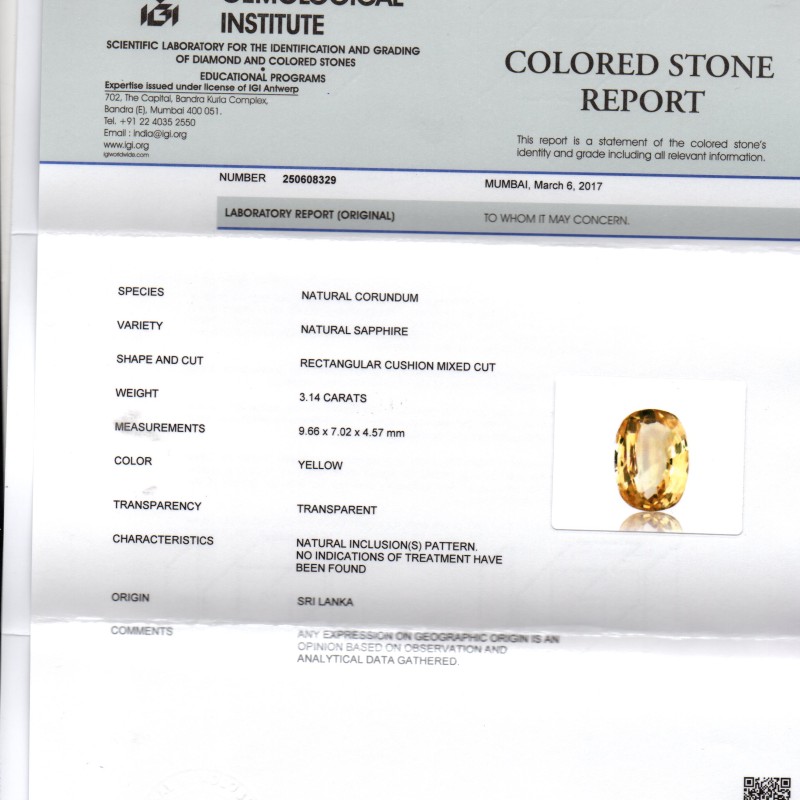 3.14 Ct IGI Certified Unheated Untreated Natural Ceylon Yellow Sapphire 3.14 Ct IGI Certified Unheated Untreated Natural Ceylon Yellow Sapphire