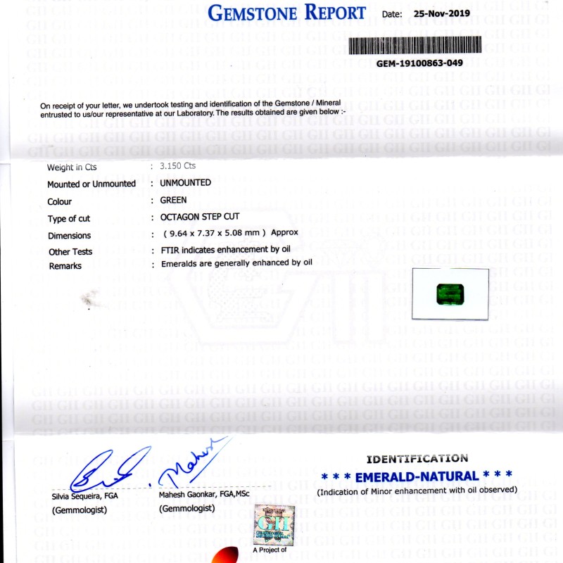 3.15 Ct GII Certified Untreated Natural Zambian Emerald Gems AAAAA