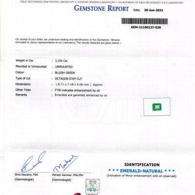 3.15 Ct GII Certified Untreated Natural Zambian Emerald Gemstone AAAAA