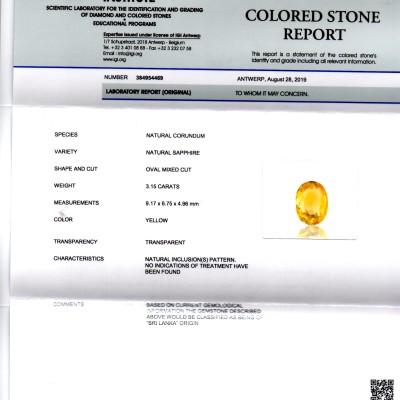 3.15 Ct IGI Certified Unheated Untreated Natural Ceylon Yellow Sapphire
