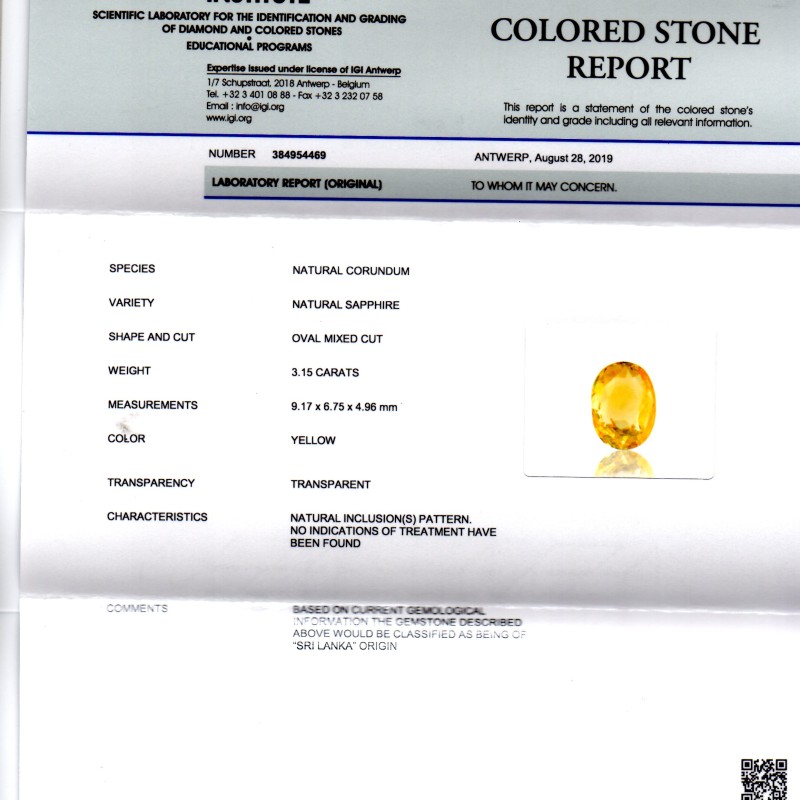 3.15 Ct IGI Certified Unheated Untreated Natural Ceylon Yellow Sapphire 3.15 Ct IGI Certified Unheated Untreated Natural Ceylon Yellow Sapphire