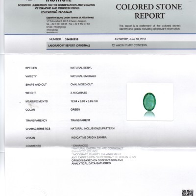 3.16 Ct IGI Certified Untreated Natural Zambian Emerald Gemstone AAA