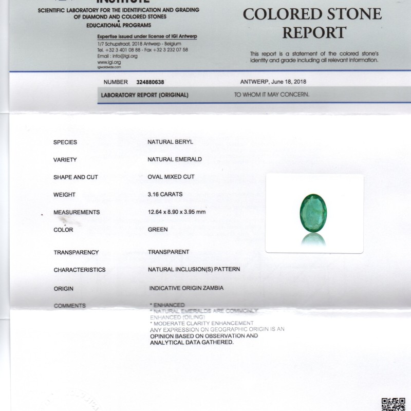 3.16 Ct IGI Certified Untreated Natural Zambian Emerald Gemstone AAA