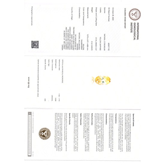 3.16 Ct IGI Certified Unheated Untreated Natural Ceylon Yellow Sapphire AA