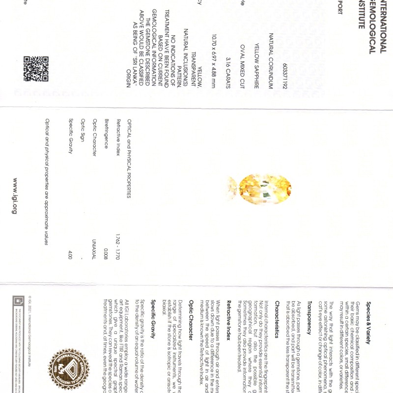 3.16 Ct IGI Certified Unheated Untreated Natural Ceylon Yellow Sapphire AA 3.16 Ct IGI Certified Unheated Untreated Natural Ceylon Yellow Sapphire AA