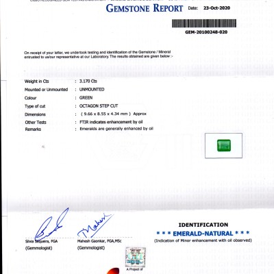 3.17 Ct GII Certified Untreated Natural Zambian Emerald Gems AAAAA
