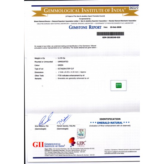 3.17 Ct GII Certified Untreated Natural Zambian Emerald Gems AAAAA
