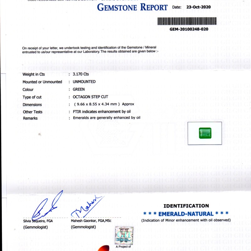 3.17 Ct GII Certified Untreated Natural Zambian Emerald Gems AAAAA
