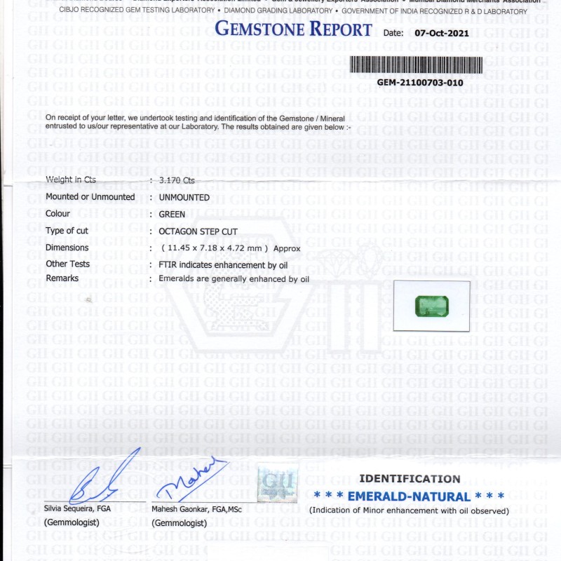 3.17 Ct GII Certified Untreated Natural Zambian Emerald Gemstones