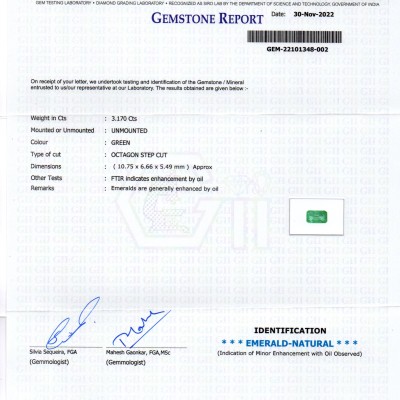 3.17 Ct GII Certified Untreated Natural Zambian Emerald Gemstone AAA