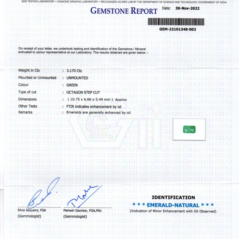 3.17 Ct GII Certified Untreated Natural Zambian Emerald Gemstone AAA