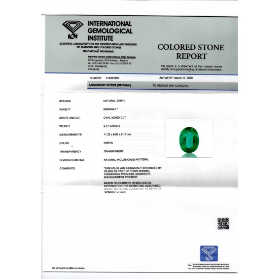 3.17 Ct IGI Certified Untreated Natural Zambian Emerald Gems AAA