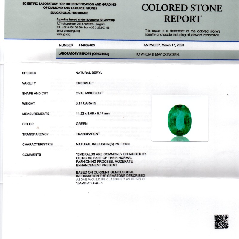 3.17 Ct IGI Certified Untreated Natural Zambian Emerald Gems AAA 3.17 Ct IGI Certified Untreated Natural Zambian Emerald Gems AAA