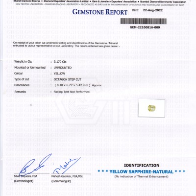 3.17 Ct GII Certified Unheated Untreated Natural Ceylon Yellow Sapphire 3.17 Ct GII Certified Unheated Untreated Natural Ceylon Yellow Sapphire