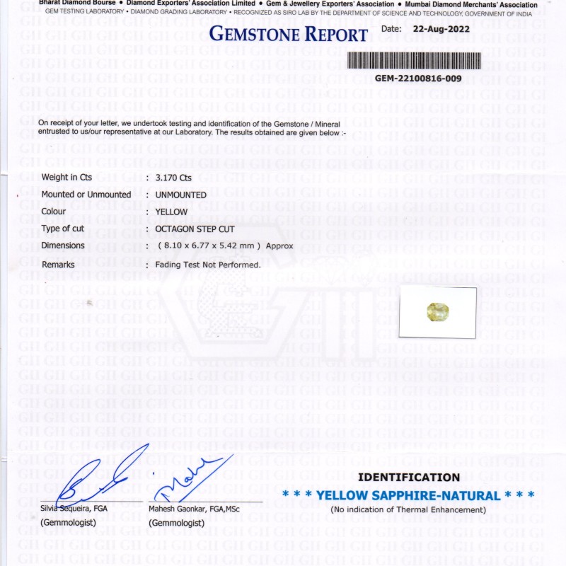 3.17 Ct GII Certified Unheated Untreated Natural Ceylon Yellow Sapphire 3.17 Ct GII Certified Unheated Untreated Natural Ceylon Yellow Sapphire