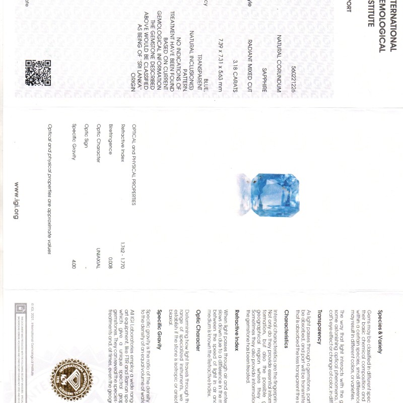 3.18 Ct IGI Certified Unheaated Untreated Natural Ceylon Blue Sapphire AA