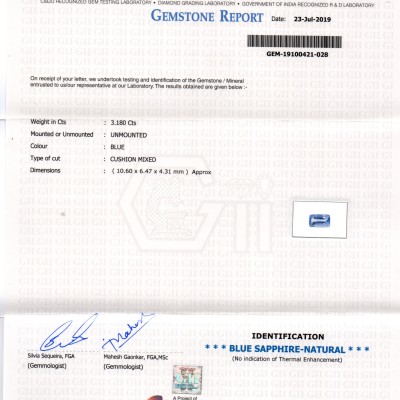 3.18 Ct GII Certified Unheaated Untreated Natural Ceylon Blue Sapphire 3.18 Ct GII Certified Unheaated Untreated Natural Ceylon Blue Sapphire