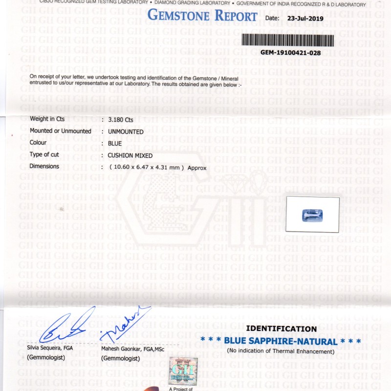 3.18 Ct GII Certified Unheaated Untreated Natural Ceylon Blue Sapphire 3.18 Ct GII Certified Unheaated Untreated Natural Ceylon Blue Sapphire