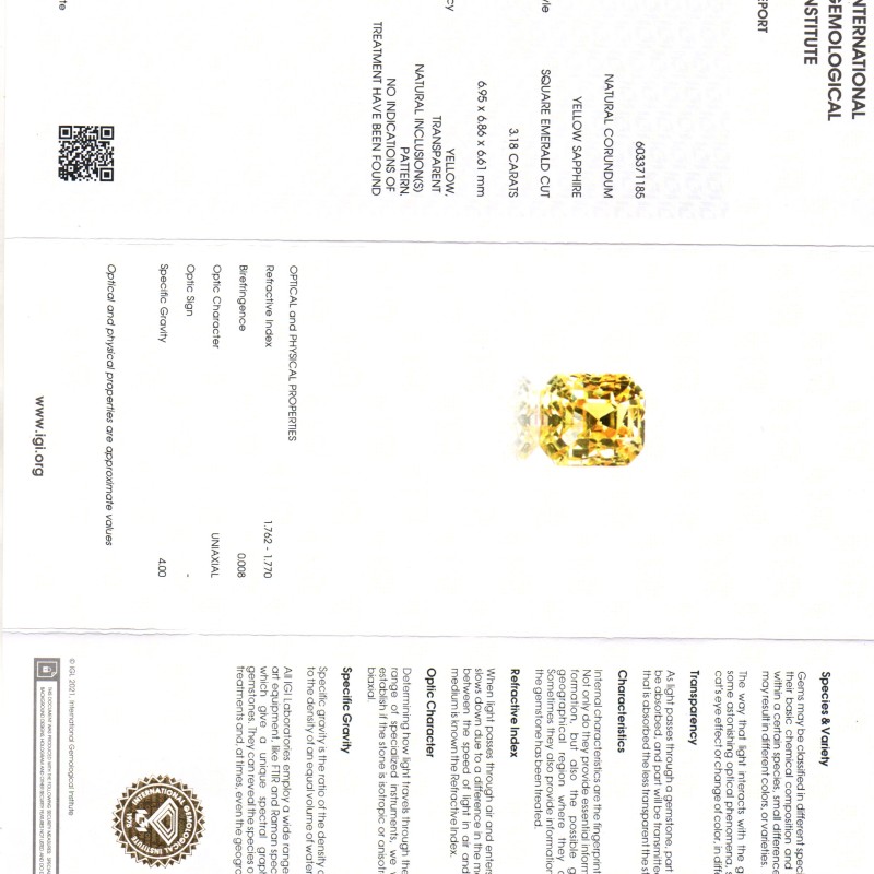 3.18 Ct IGI Certified Unheated Untreated Natural Ceylon Yellow Sapphire AAAAA