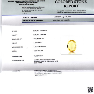 3.18 Ct IGI Certified Unheated Untreated Natural Ceylon Yellow Sapphire 3.18 Ct IGI Certified Unheated Untreated Natural Ceylon Yellow Sapphire