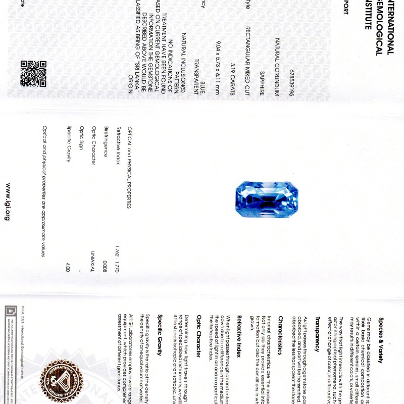 3.19 Ct IGI Certified Unheated Untreated Natural Ceylon Blue Sapphire AAA