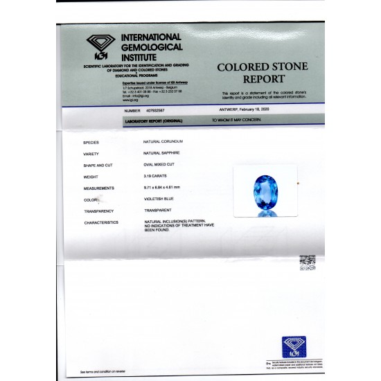 3.19 Ct IGI Certified Unheated Untreated Natural Ceylon Blue Sapphire
