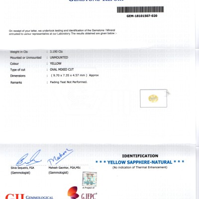 3.19 Ct GII Certified Unheated Untreated Natural Ceylon Yellow Sapphire 3.19 Ct GII Certified Unheated Untreated Natural Ceylon Yellow Sapphire